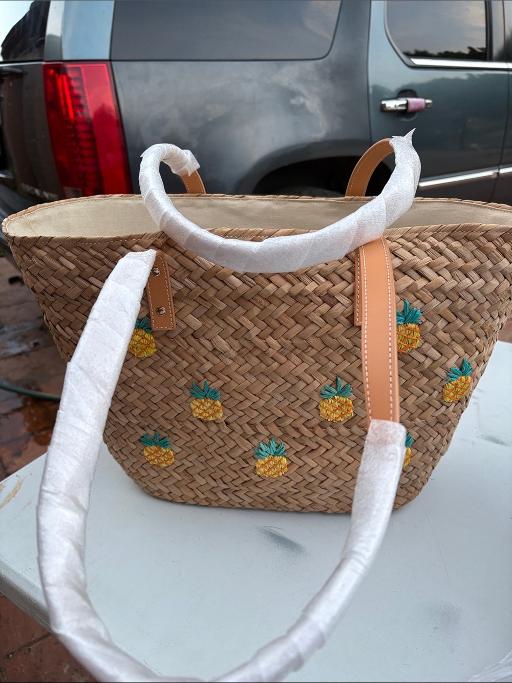 Woven Pineapple Embroidered Straw Tote Bag - Natural